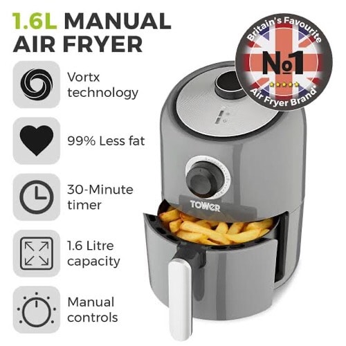Compact Air Fryer With 30 Minute Timer - 1000W - 1.6L - Grey