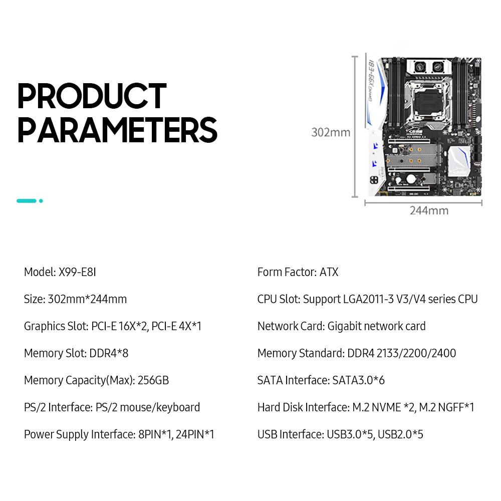 Jingsha X99-E8I Gaming Motherboard with 8 DDR4 Memory Slots 6 SATA3.0 Ports Support Intel Xeon E5 LGA2011-3 V3/V4 Series CPU