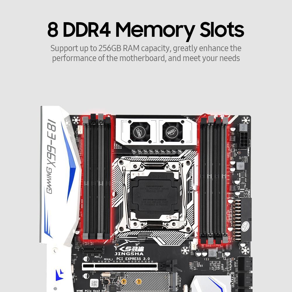 Jingsha X99-E8I Gaming Motherboard with 8 DDR4 Memory Slots 6 SATA3.0 Ports Support Intel Xeon E5 LGA2011-3 V3/V4 Series CPU