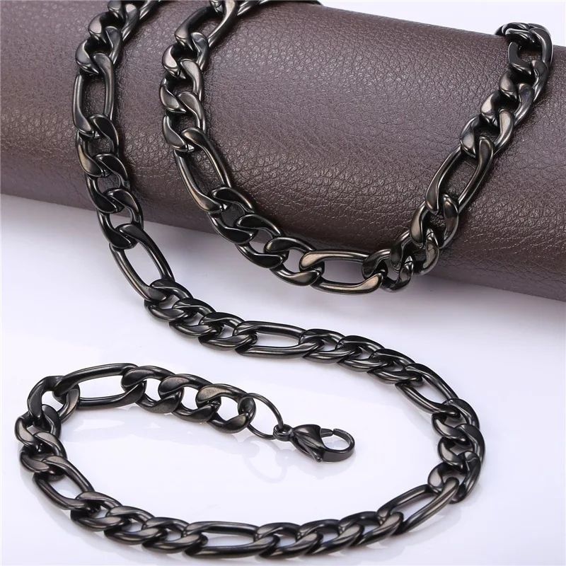 Mens Black Figaro Cuban Gold Necklace