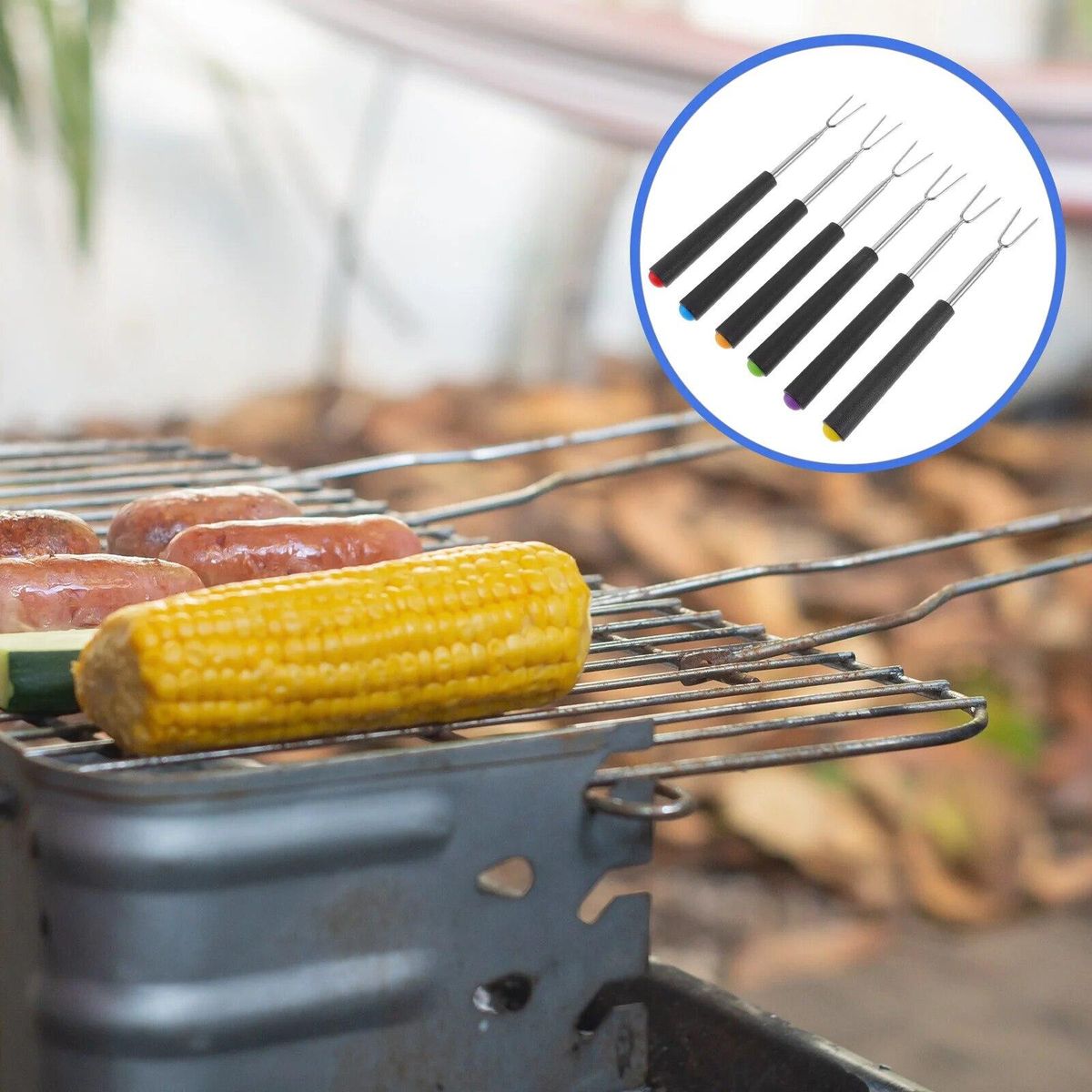 6 Pcs Telescopic Barbecue Fork Meat Set Grill Outdoor Stick Marshmallow Sticks Metal Stainless Steel Forks Grilling