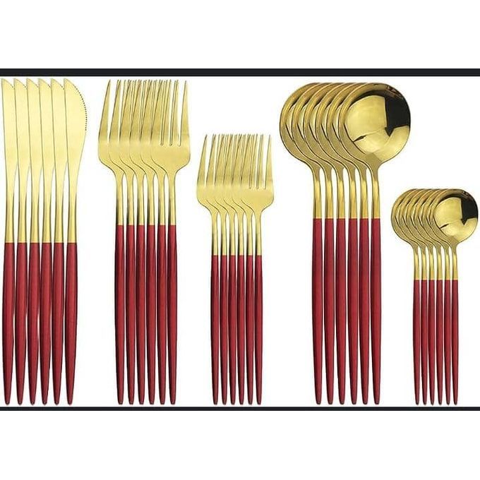 Original 24Pcs Gold Plated Steel Spoon & Fork Set - Cutlery