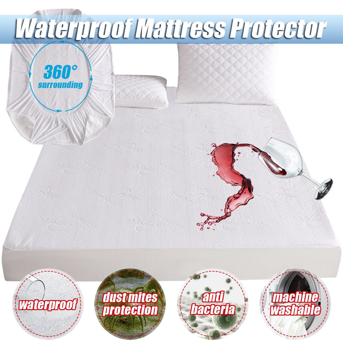 Waterproof Bamboo Jacquard Mattress Topper Protector Cover Pad Hypoallergenic Against Dust Mites Bacteria 180x200+46cm