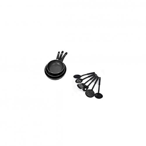 Three Non-Stick Fry Pans With Non Stick Set Of Spoons