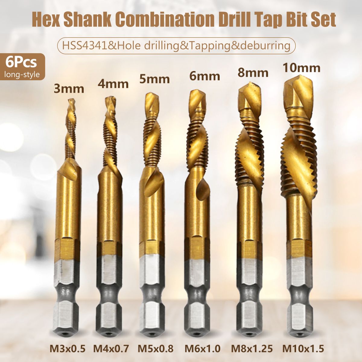 Combination Drill Tap Bit Set 6pcs Drill Tap Bits Metric HSS