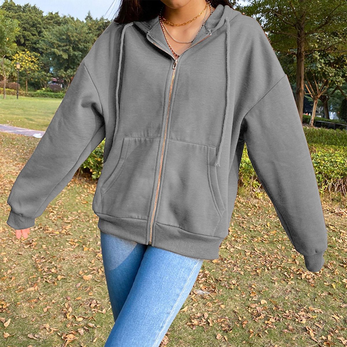 Jackets Casual Womens Zipper Up Oversized Grey L