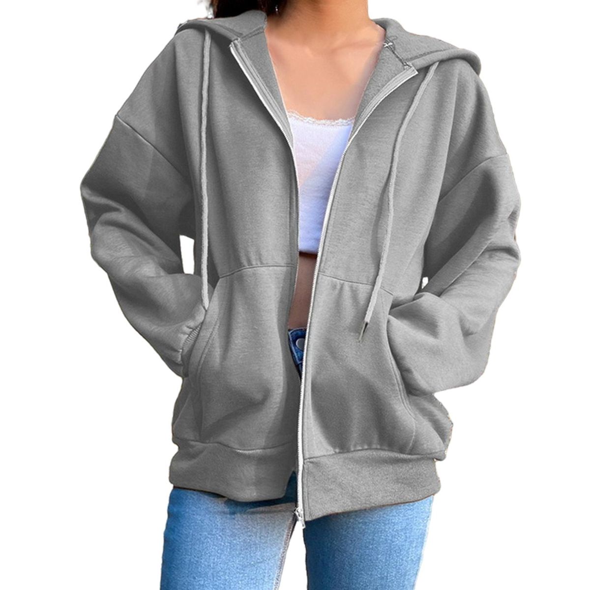 Jackets Casual Womens Zipper Up Oversized Grey L