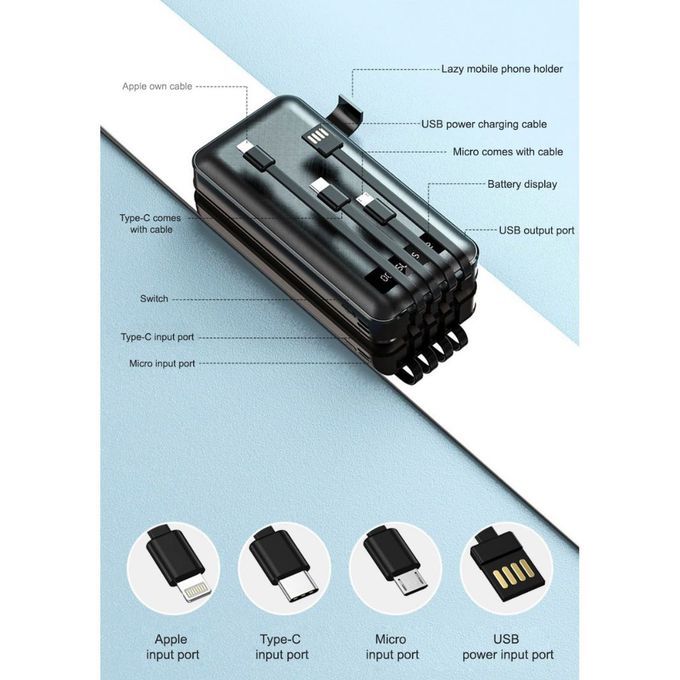 High Capacity Powerbank For Mobile Phones 10000mah - Led Light {With In-built Cable}