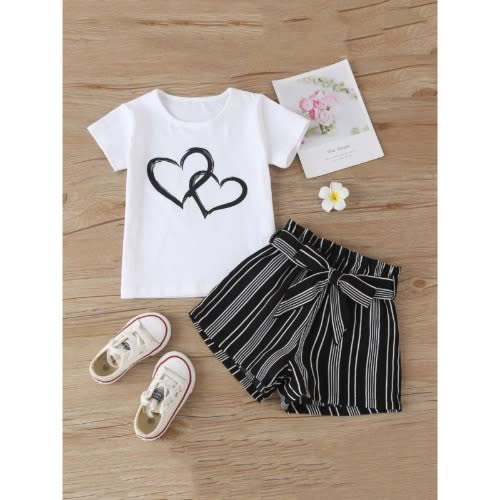 2-piece Love Heart Graphic Tee And Stripe Belted Shorts  Set