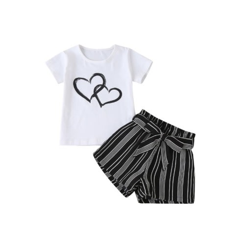 2-piece Love Heart Graphic Tee And Stripe Belted Shorts  Set