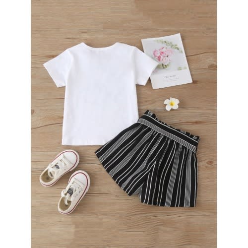 2-piece Love Heart Graphic Tee And Stripe Belted Shorts  Set