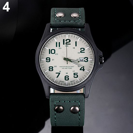 Men\'s Date Arabic Numerals Dial Faux Leather Band Sport Quartz Wrist Watch-Khaki