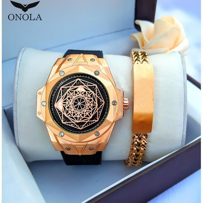Super Exclusive & Rugged Classic Gold Head Men Wristwatch + Sophisticated Bracelet