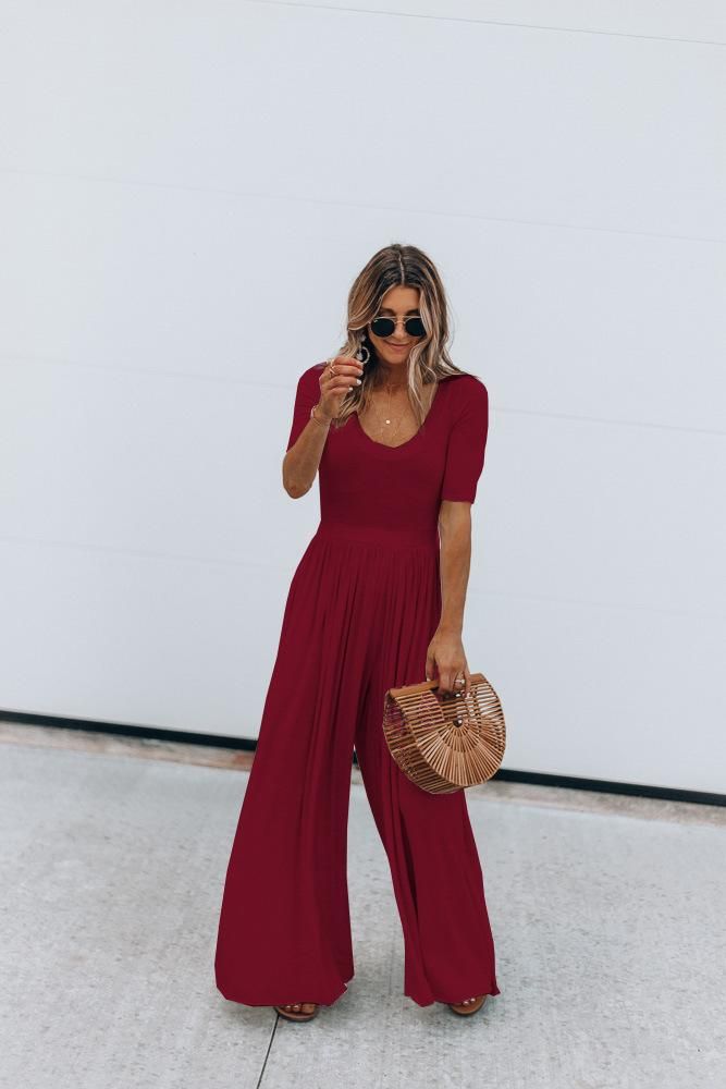 Spring and summer ebay wish fashion solid color short-sleeved wide-leg loose jumpsuit Red wine XL