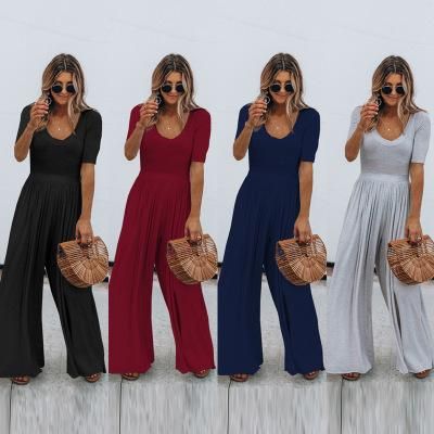 Spring and summer ebay wish fashion solid color short-sleeved wide-leg loose jumpsuit Red wine XL