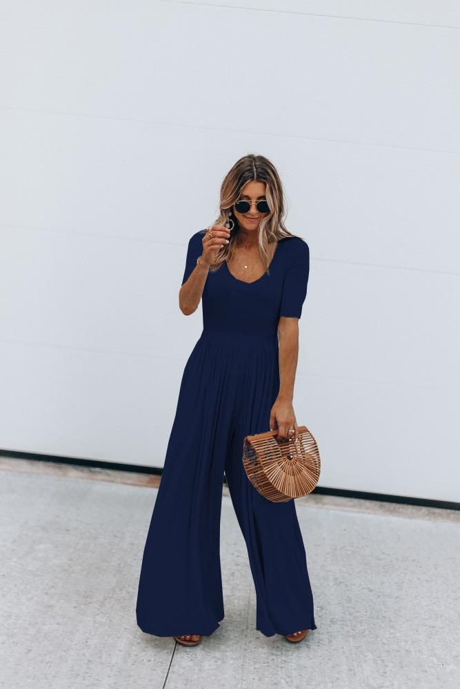 Spring and summer ebay wish fashion solid color short-sleeved wide-leg loose jumpsuit Red wine XL