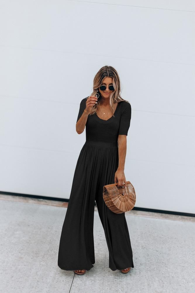 Spring and summer ebay wish fashion solid color short-sleeved wide-leg loose jumpsuit Red wine XL