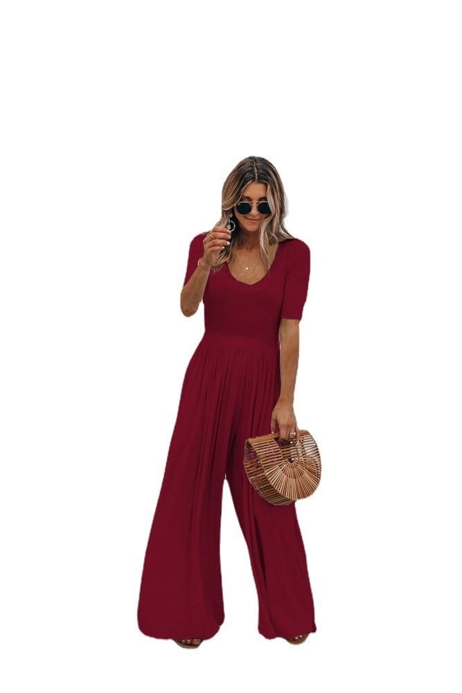 Spring and summer ebay wish fashion solid color short-sleeved wide-leg loose jumpsuit Red wine XL