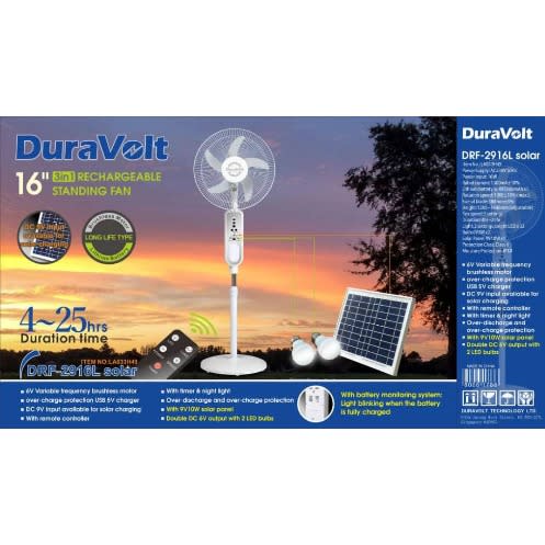 16inch Duravolt Rechargeable Standing Fan With 2 LED Bulbs And Solar