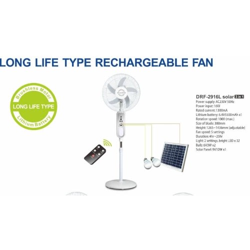 16inch Duravolt Rechargeable Standing Fan With 2 LED Bulbs And Solar