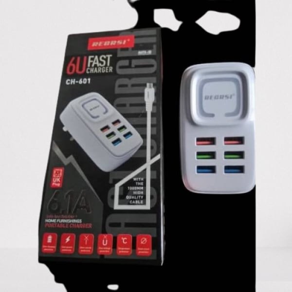 Recrsi 6 Usb Ports Fast Charger 6.1A With Free 1000MM Cable