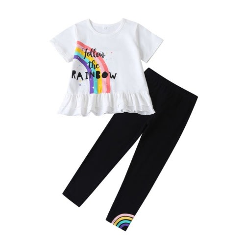 2 Pieces Kid Girl Follow The Rainbow Pattern Ruffled Hem Top And Pants