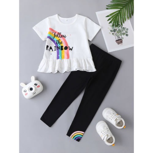 2 Pieces Kid Girl Follow The Rainbow Pattern Ruffled Hem Top And Pants