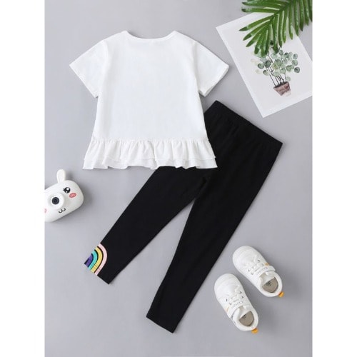 2 Pieces Kid Girl Follow The Rainbow Pattern Ruffled Hem Top And Pants