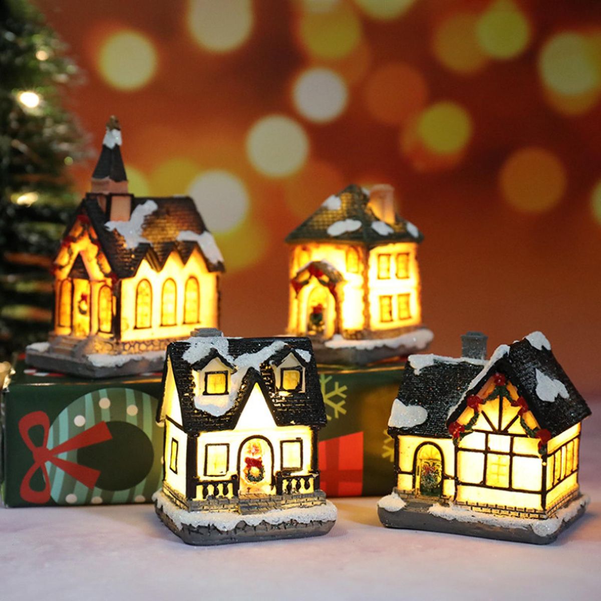Christmas Scene Houses Building House with Warm LEDs Light Batter-y Operated Christmas Ornamnet Gift