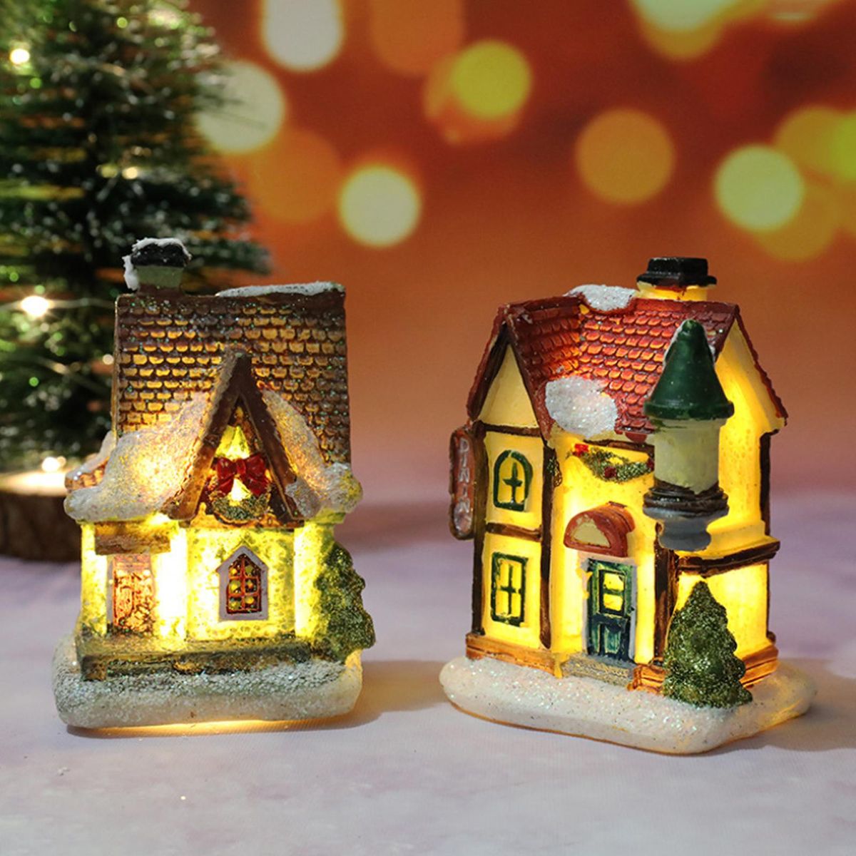 Christmas Scene Houses Building House with Warm LEDs Light Batter-y Operated Christmas Ornamnet Gift
