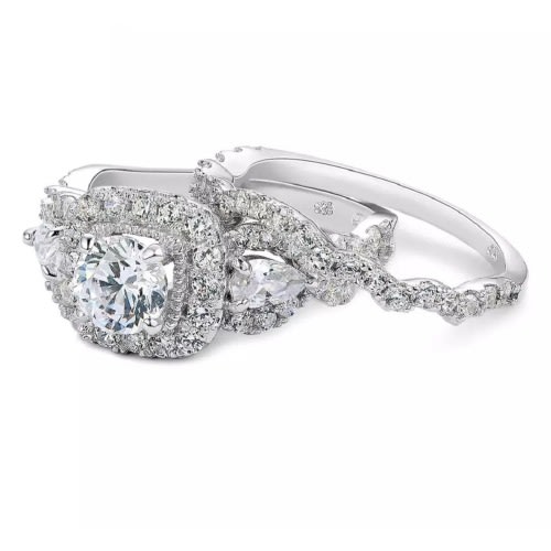 2 Pieces  Halo 925 Sterling Silver Wedding Rings