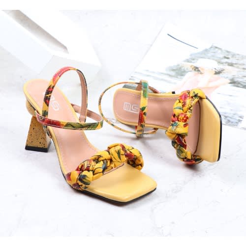 Floral Block Heel Sandals- Mustard