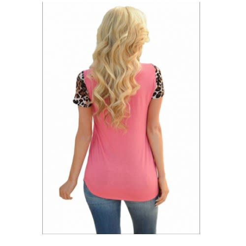 Leopard Print Spliced T-Shirt - Rosy