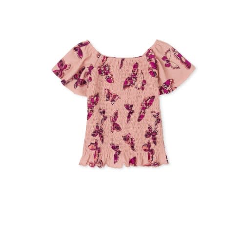 Girls Smocked Butterfly Print Top- Blush Pink Burgundy