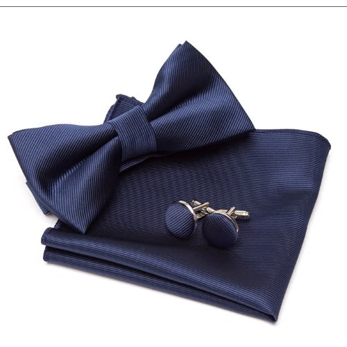 Plain Silky Bowtie With Cufflinks And Pocket Square  - Navy Blue