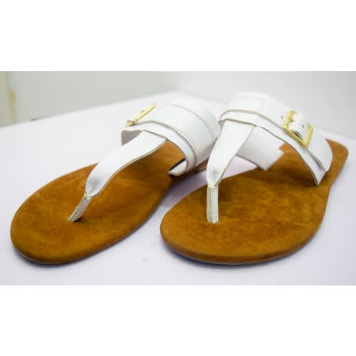 Women's Leather Pam Slippers With Buckle- White + Brown