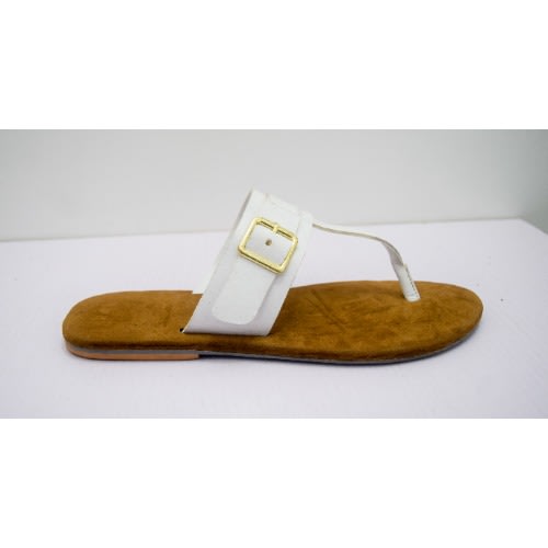 Women's Leather Pam Slippers With Buckle- White + Brown