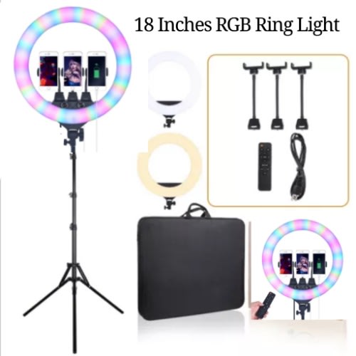 45cm 18inch Rgb Led Multicolor Ring Light With 3 Phone Holders, Tripod Stand, Remote, Bag