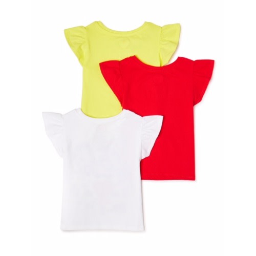 365 Kids Girls Graphic Ruffle T-Shirt 3 Packs- Red - Yellow & White