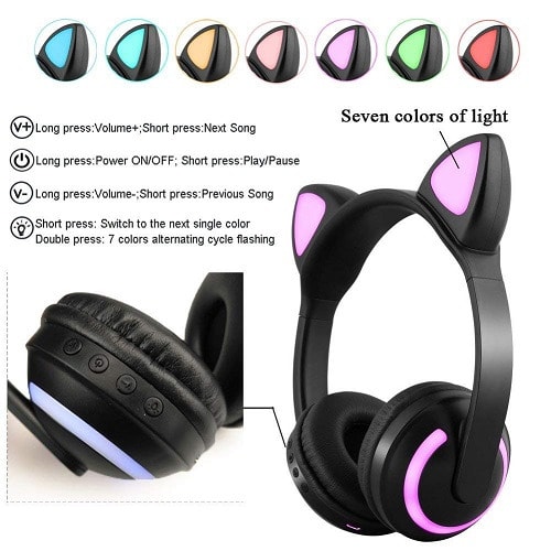 Cat Ear Wireless Bluetooth Headphone With Mic 7 Colors Led Light Glowing On-ear Headset