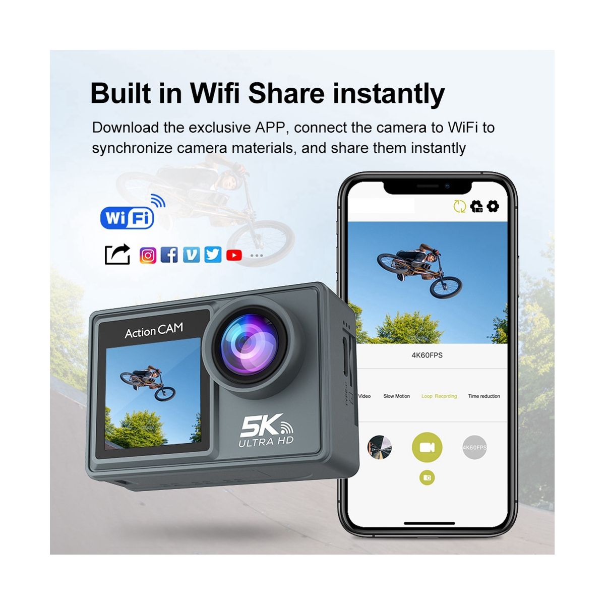 5K 30FPS Action Camera with Wifi Remote Control Electronic Image Stabilization Camera for Outdoor Diving Sports