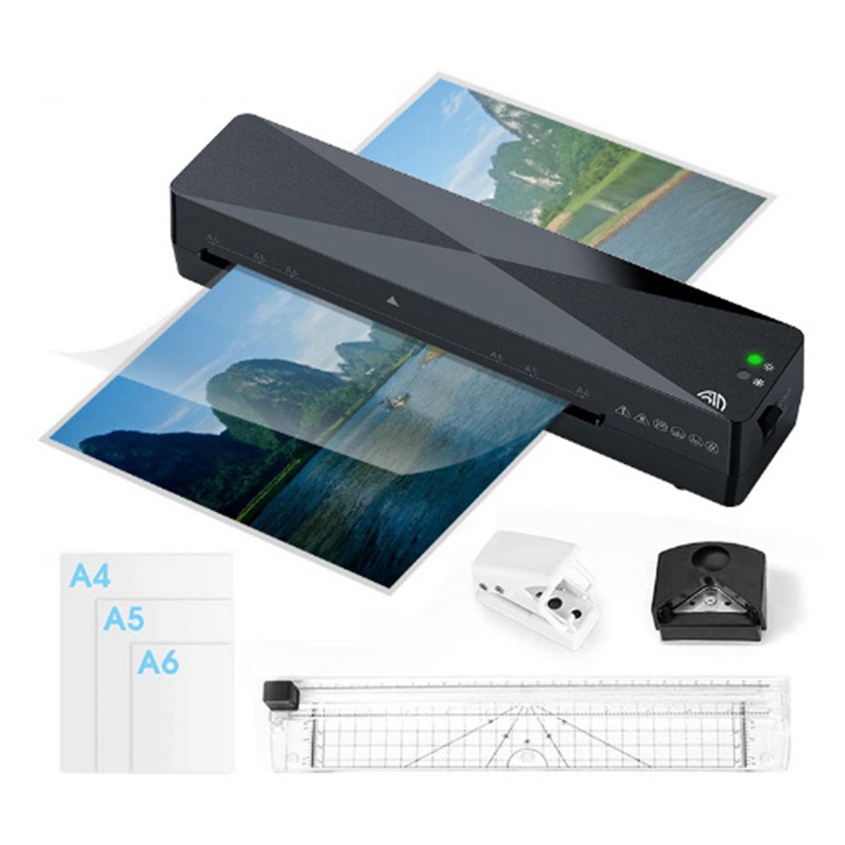 A4 Hot Laminator Portable Photo Corner RounderHole PunchRuler 30PCS Laminating Film US Plug