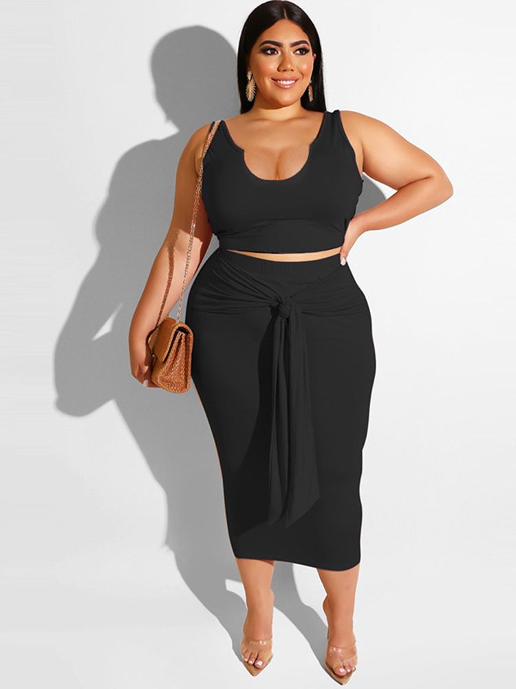 Plus Size Two Piece Dress Suits Women's Costums Low Neck Sleeveless Tank Crop
