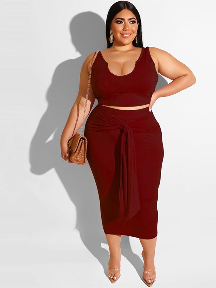 Plus Size Two Piece Dress Suits Women's Costums Low Neck Sleeveless Tank Crop