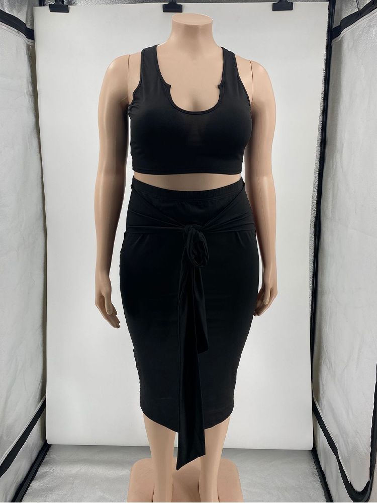 Plus Size Two Piece Dress Suits Women's Costums Low Neck Sleeveless Tank Crop