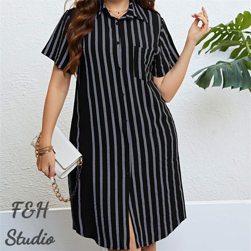 F&H 3326 XL-3XL Women Trendy Plus Size Loose Striped Shirt Dress Black