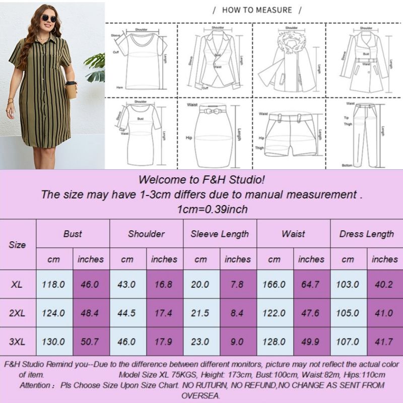 F&H 3326 XL-3XL Women Trendy Plus Size Loose Striped Shirt Dress Black