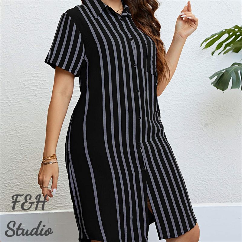 F&H 3326 XL-3XL Women Trendy Plus Size Loose Striped Shirt Dress Black
