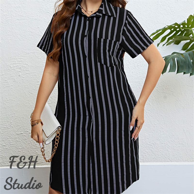 F&H 3326 XL-3XL Women Trendy Plus Size Loose Striped Shirt Dress Black