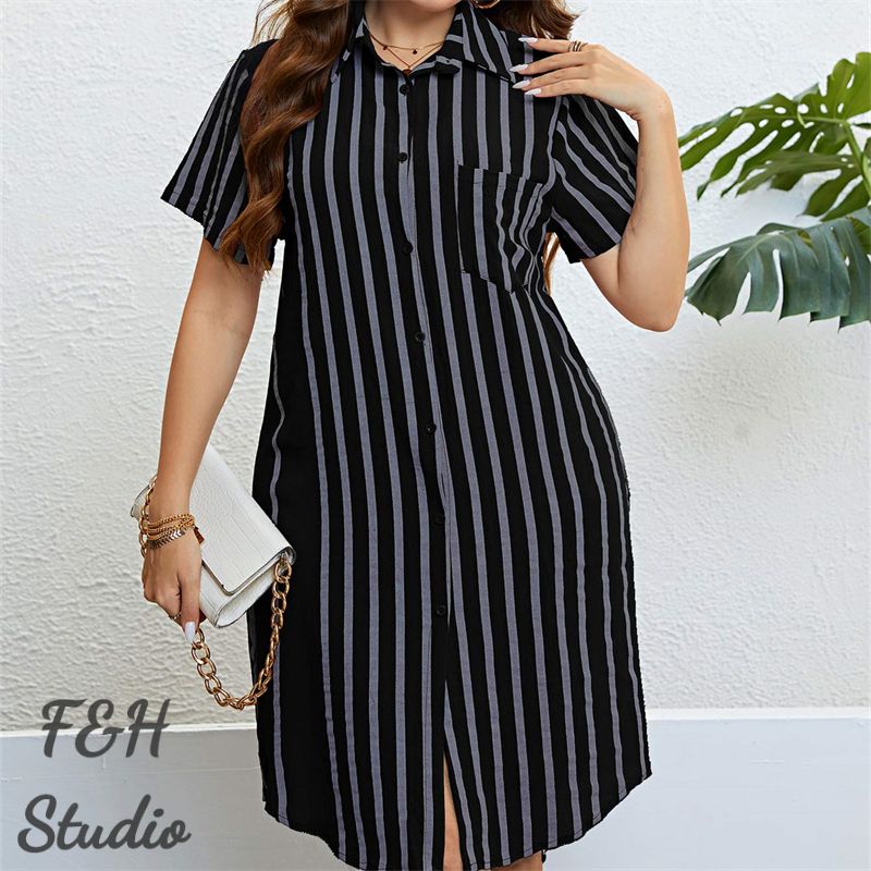 F&H 3326 XL-3XL Women Trendy Plus Size Loose Striped Shirt Dress Black